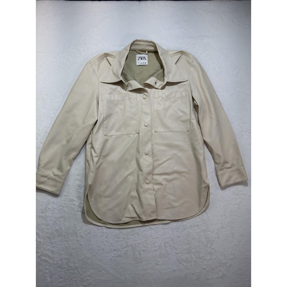 Zara Jacket Womens Small White Faux Leather Snap Front Shirt Shacket Lined